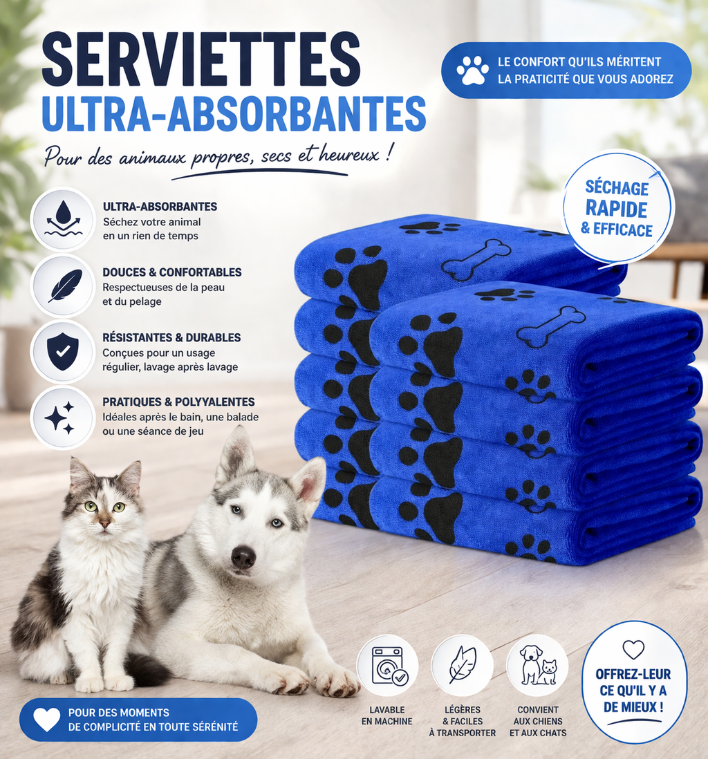 Serviette de Bain pour Animaux en Microfibre : Absorption Ultime et Séchage Rapide