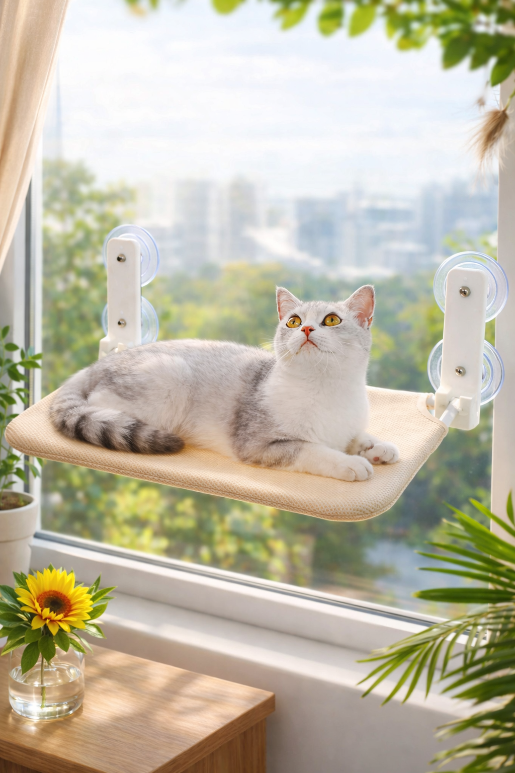 Hamac de Fenêtre Pliable pour Chat Chienou – Confort Peluche & Installation Sans Montage