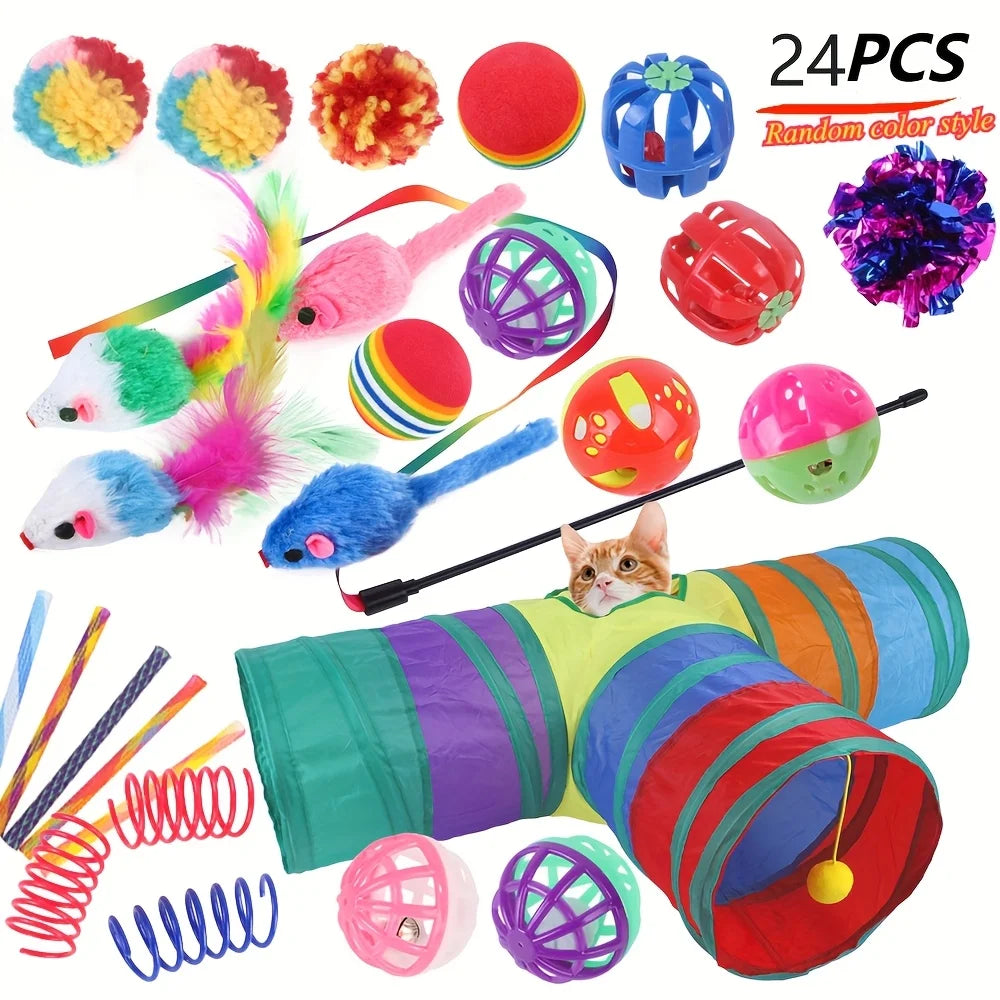 Ensemble de 24 Jouets Interactifs pour Chat - Tunnel, Baguette à Plumes et Accessoires koi