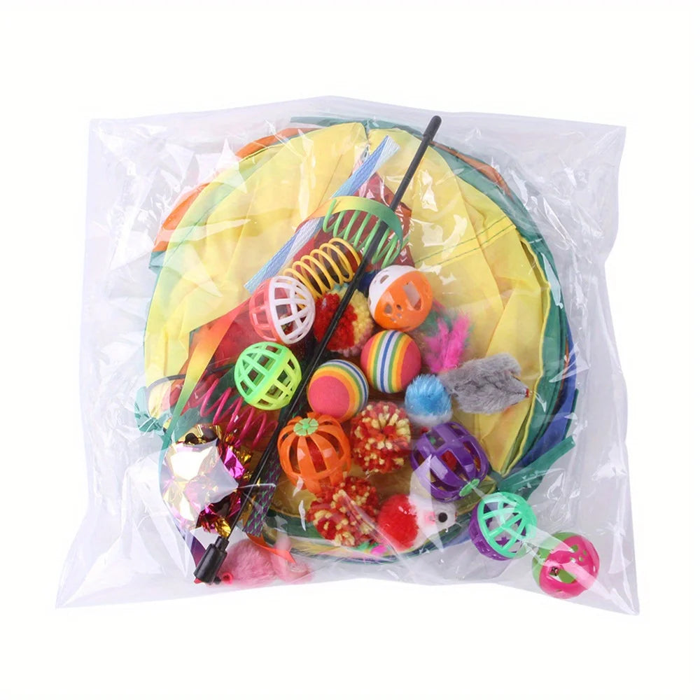 Ensemble de 24 Jouets Interactifs pour Chat - Tunnel, Baguette à Plumes et Accessoires koi