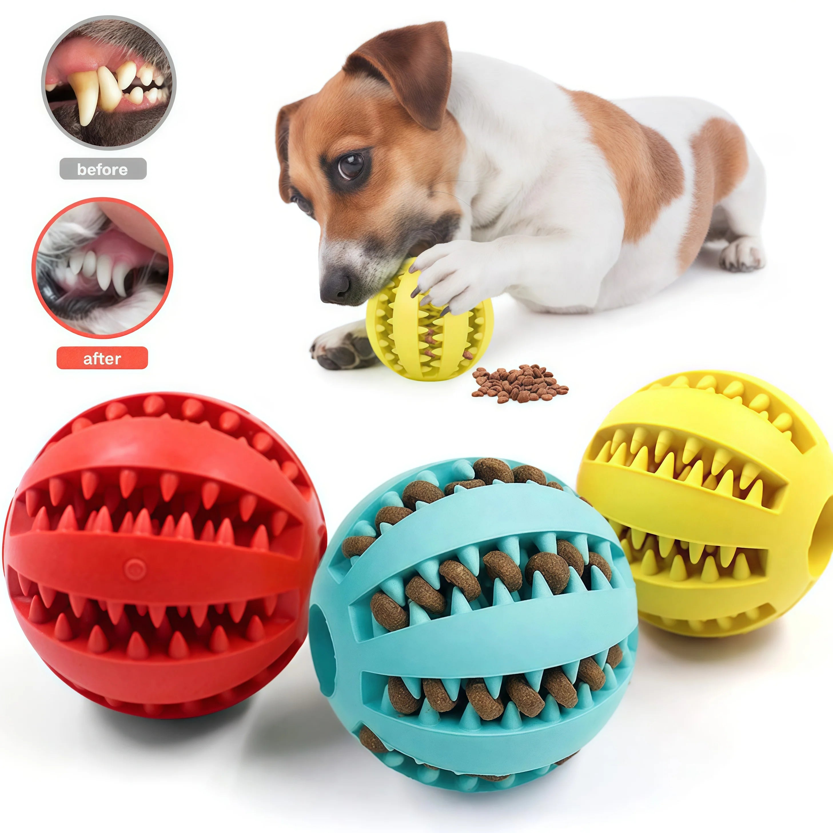 Balle Interactive en Caoutchouc pour Chiens et Chats – Distributeur de Friandises et Nettoyage Dentaire