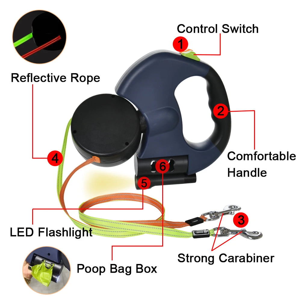 Laisse rétractable double 3 m pour petits chiens – Anti-nœuds 360° avec LED