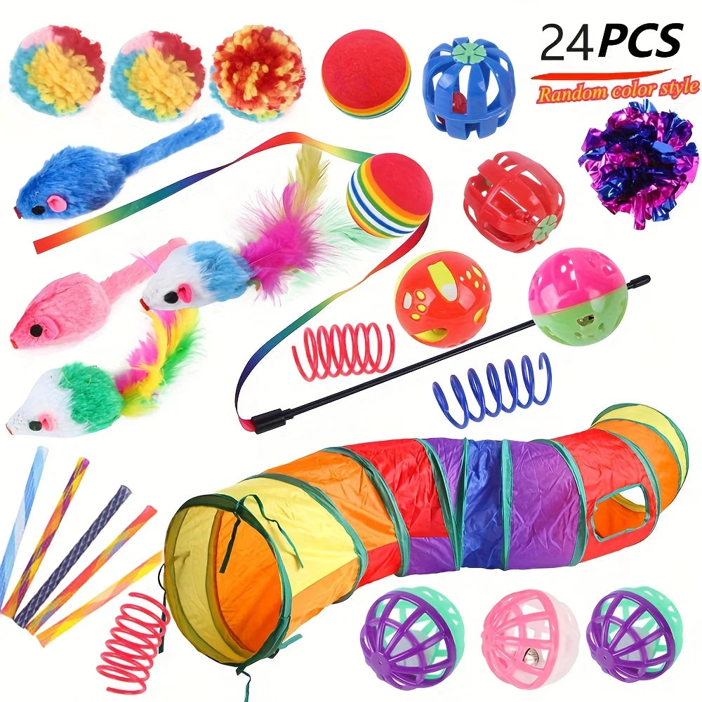Ensemble de 24 Jouets Interactifs pour Chat - Tunnel, Baguette à Plumes et Accessoires koi