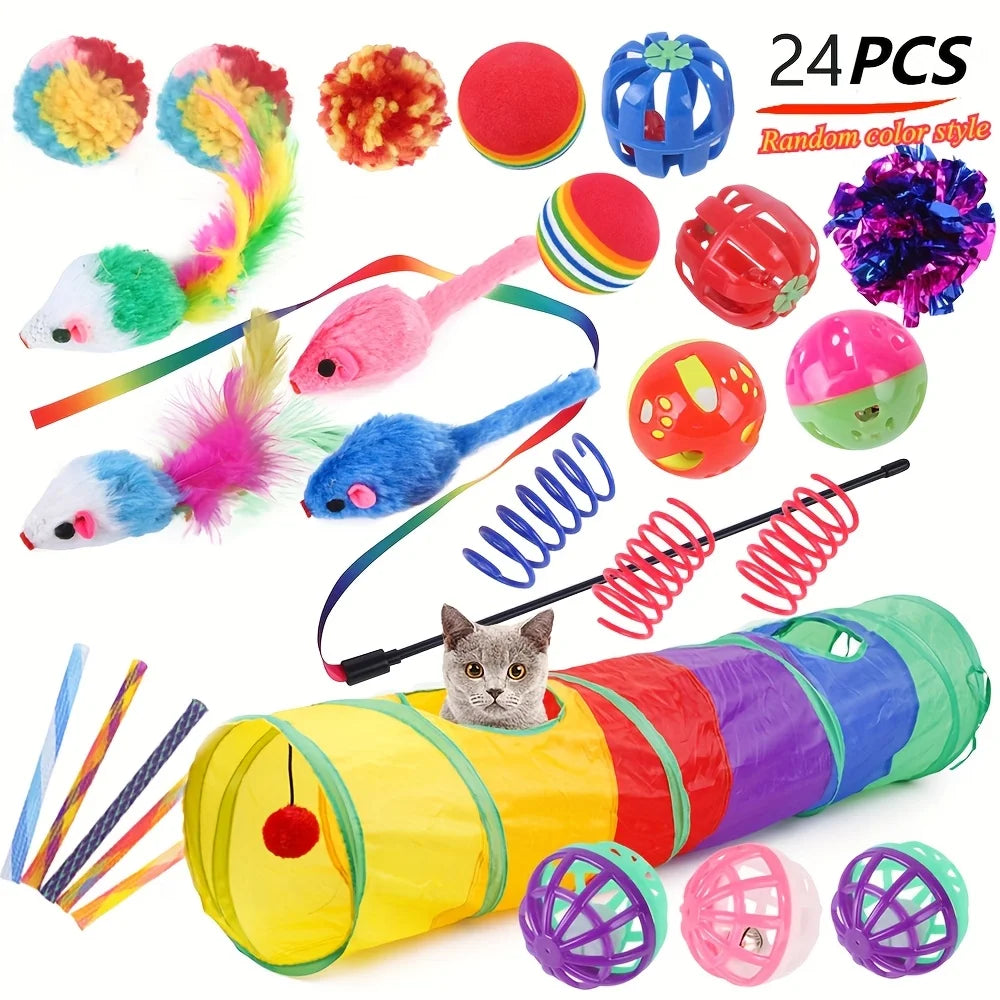 Ensemble de 24 Jouets Interactifs pour Chat - Tunnel, Baguette à Plumes et Accessoires koi
