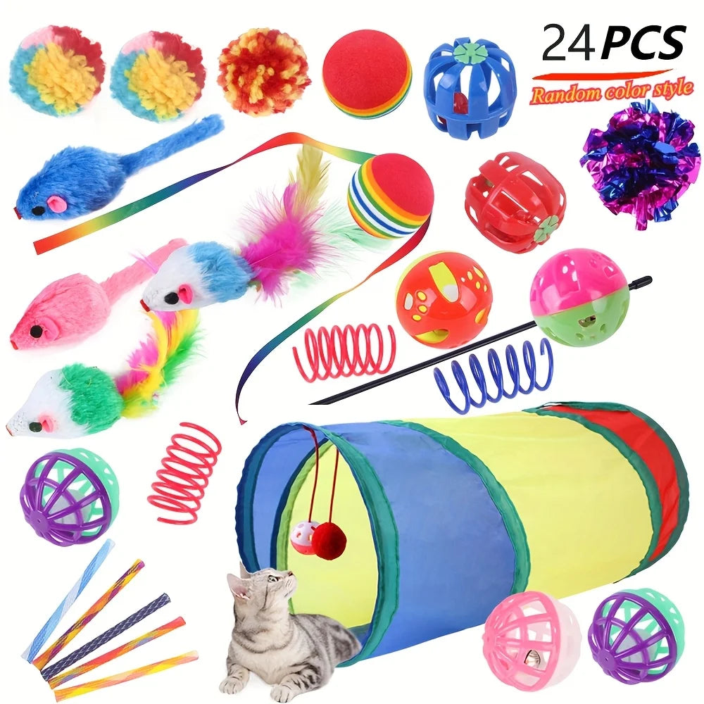Ensemble de 24 Jouets Interactifs pour Chat - Tunnel, Baguette à Plumes et Accessoires koi