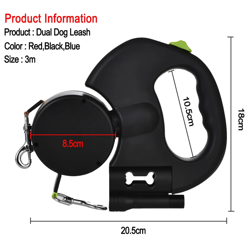 Laisse rétractable double 3 m pour petits chiens – Anti-nœuds 360° avec LED